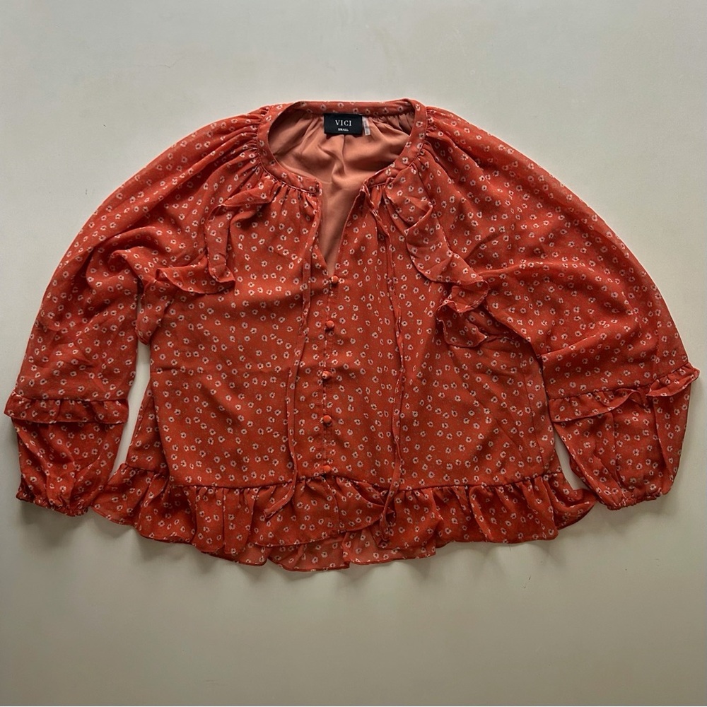 VICI Rust Floral Ruffle V-Neck Long Sleeve Blouse Boho Top Size S
